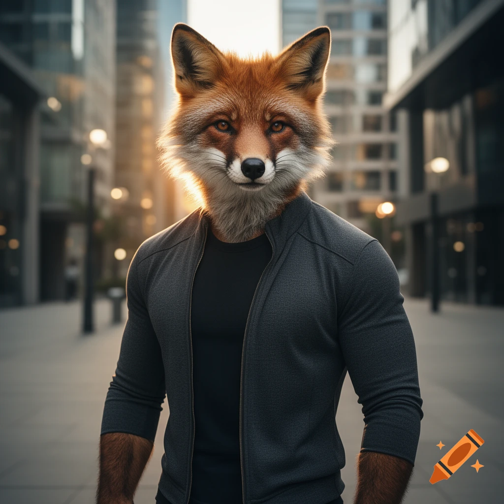 Photorealistic portrait of a male anthropomorphic fox wearing a dark gray zip-up jacket in an urban city setting.