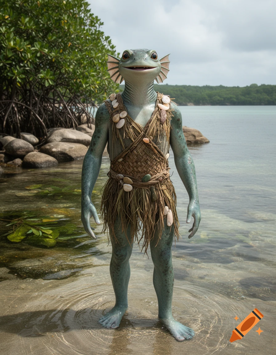 Photorealistic full-body shot of a friendly amphibious humanoid creature standing in shallow water near a mangrove forest.
