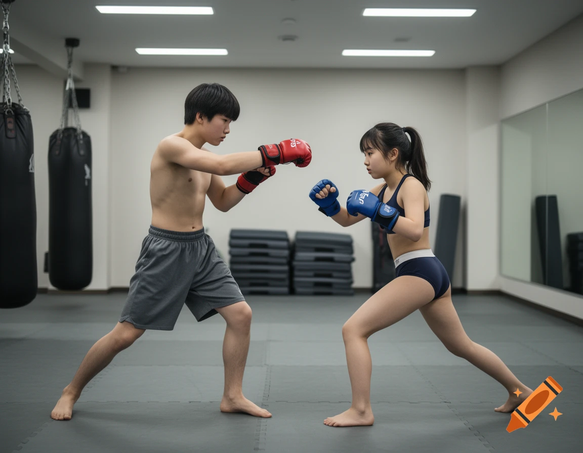 photorealistic image of a teenage boy and girl sparring with boxing gloves in a gym.