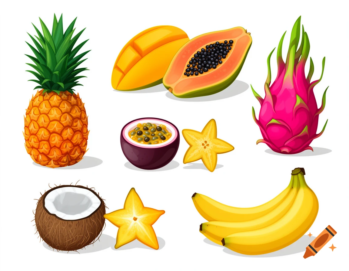 Vector clip art of various tropical fruits including pineapple, mango, papaya, dragon fruit, passion fruit, starfruit, coconut, and bananas on a white background.