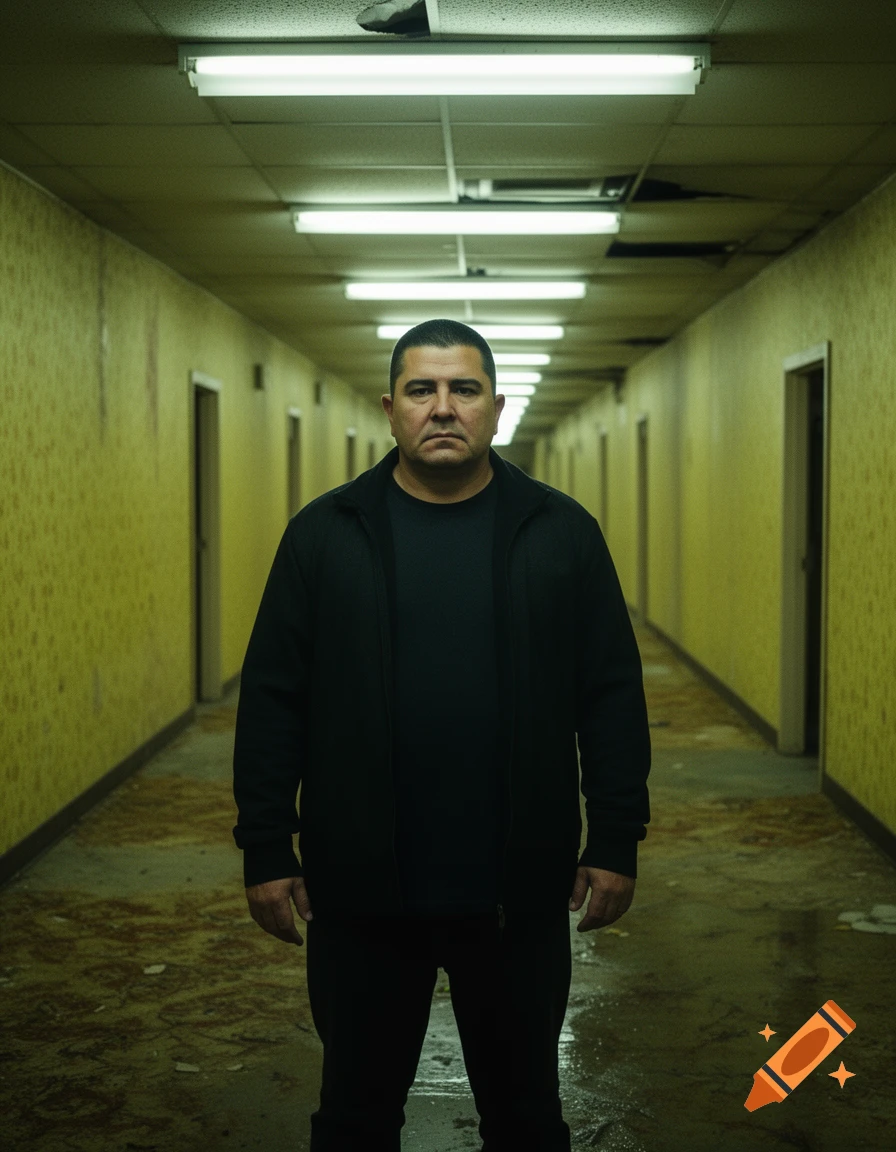 Photorealistic portrait of a man standing in a long, eerie, yellow-wallpapered hallway with flickering fluorescent lights.