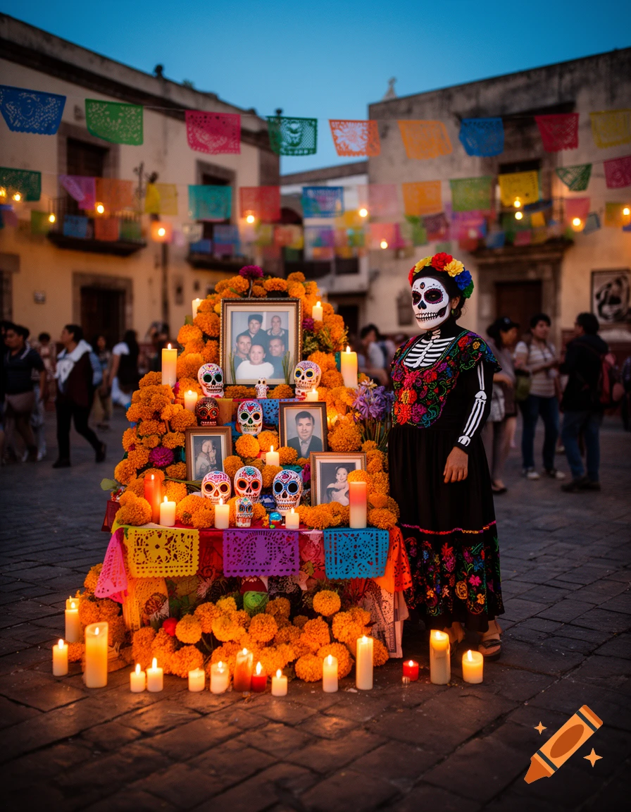 Photorealistic image of an ornate Day of the Dead altar decorated with marigolds, candles, sugar skulls, and framed photos in a Mexican town square at dusk, with a person in a skeleton costume standing beside it.