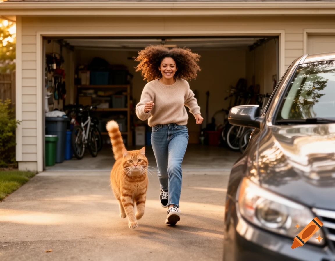 Photorealistic image of a curly-haired woman and an orange cat running out of a garage toward a car.