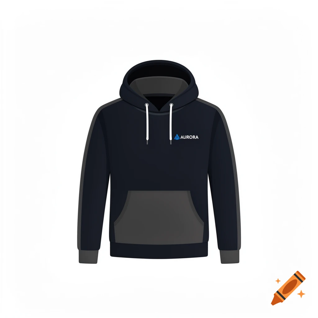 A stylized dark blue and grey hoodie with a white drawstring and the text AURORA printed on the left chest against a white background.