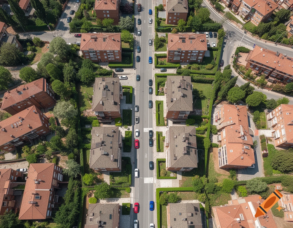 Aerial view of a residential neighborhood with apartment buildings and parked cars along a central street.