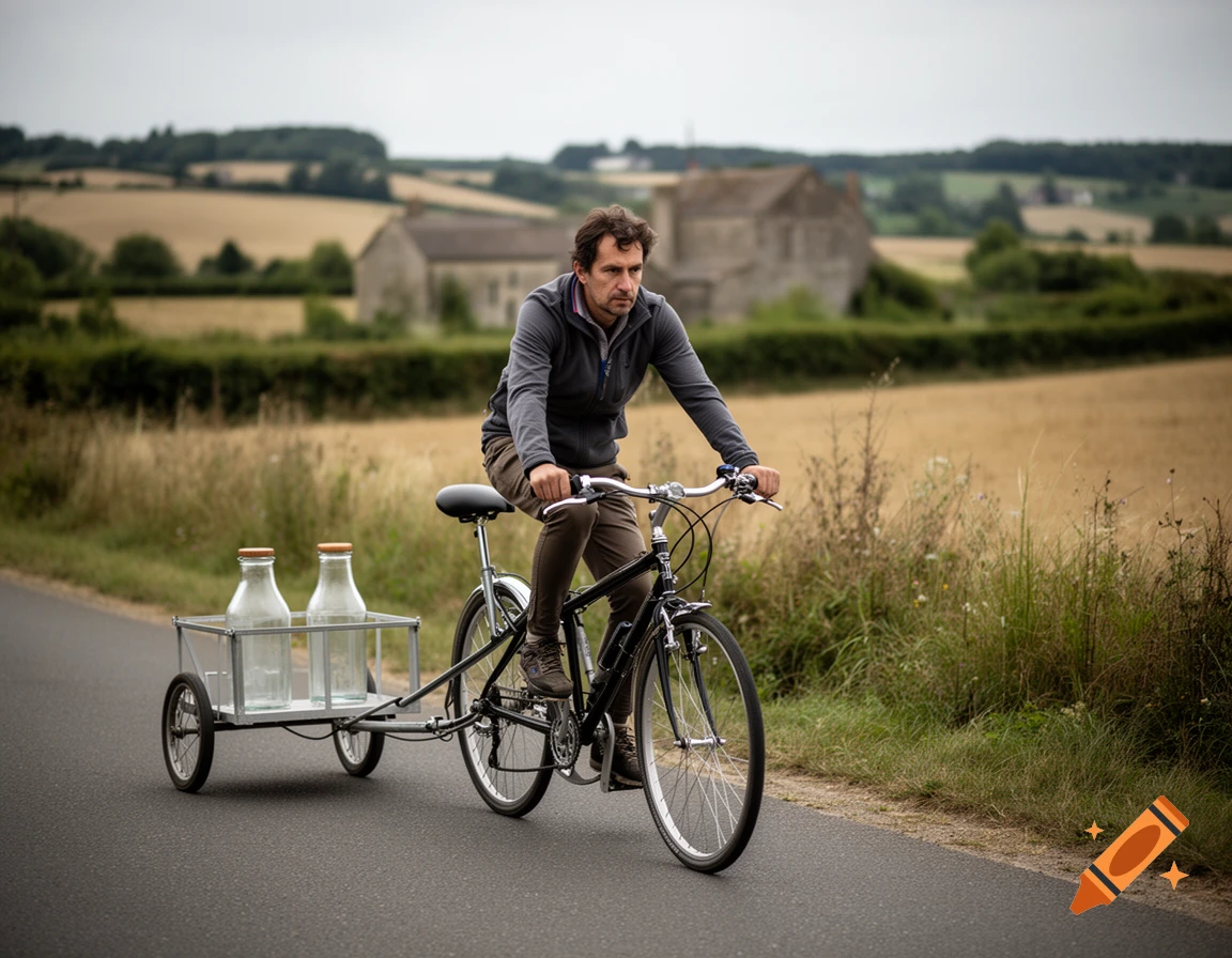 A man riding a bicycle towing a small trailer with glass milk bottles on a French country road, photorealistic style.