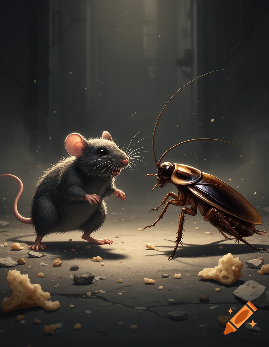 A stylized digital illustration of a mouse and a large cockroach facing each other on a concrete floor with breadcrumbs.