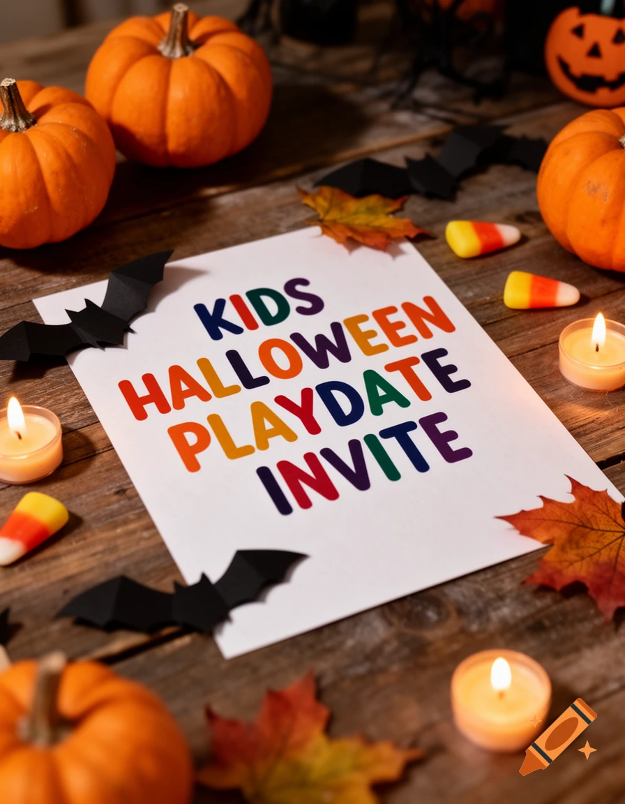 A handwritten Halloween party invitation surrounded by small pumpkins, candy corn, candles, and autumn leaves on a wooden table.