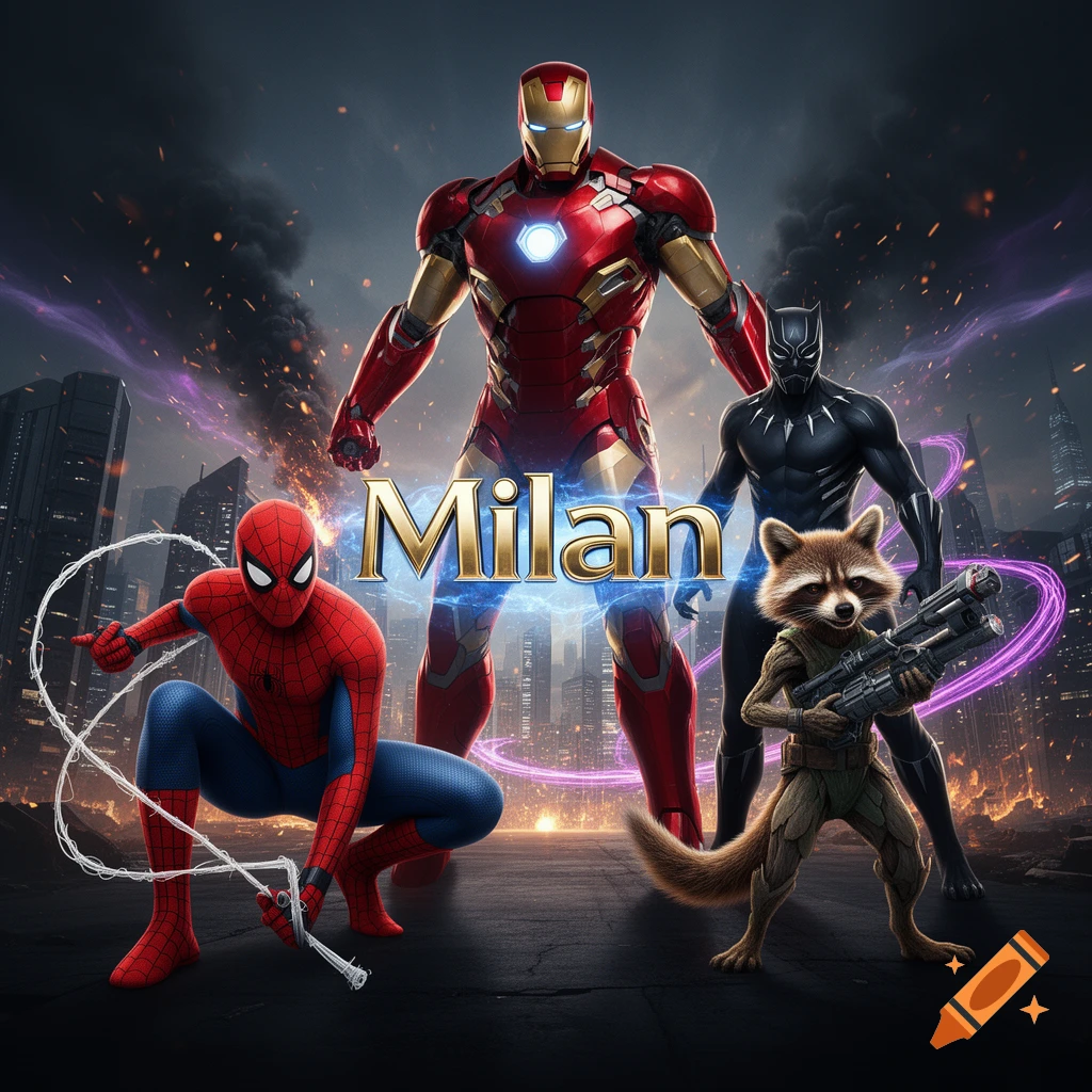 Spider-Man, Iron Man, Black Panther, and Rocket Raccoon pose together in a destroyed city with the name Milan in the center in a cinematic style.