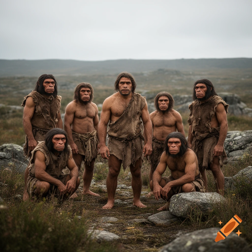 Photorealistic image of a group of Neanderthals in primitive clothing standing in a rocky landscape.
