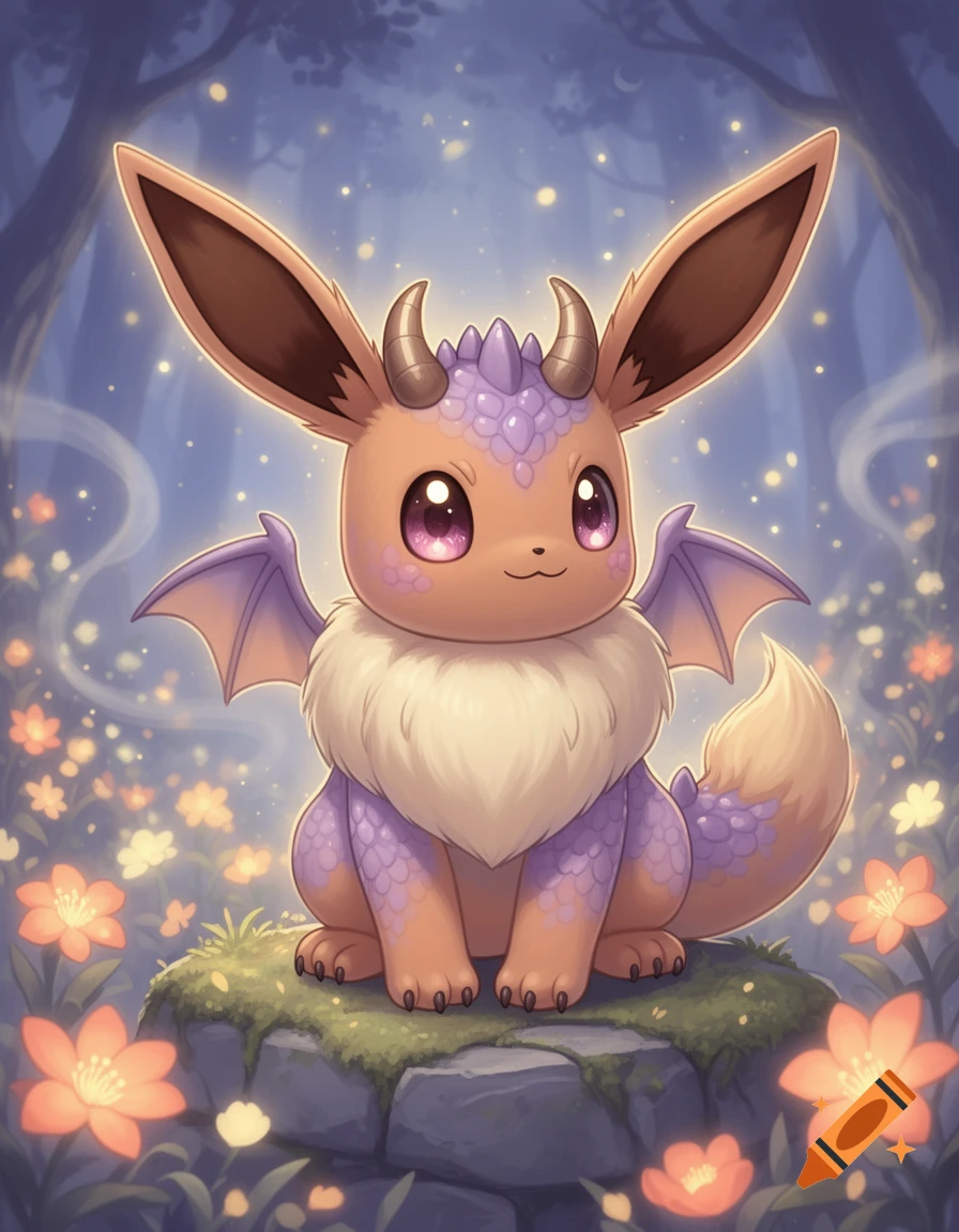 Digital illustration of a cute Eevee with dragon wings, small horns, and purple scales sitting on a mossy rock in a magical forest.