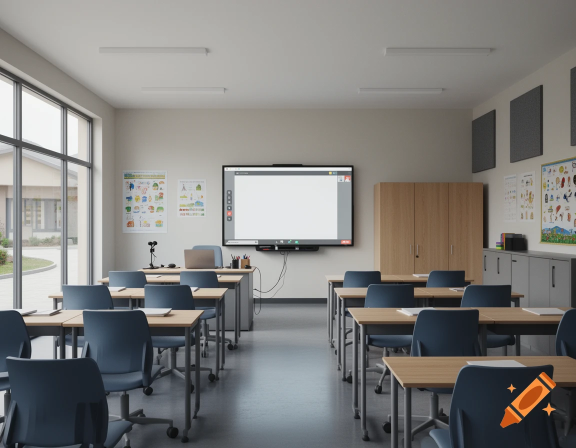 An empty modern classroom with rows of blue chairs, wooden desks, and a large interactive whiteboard on the wall.