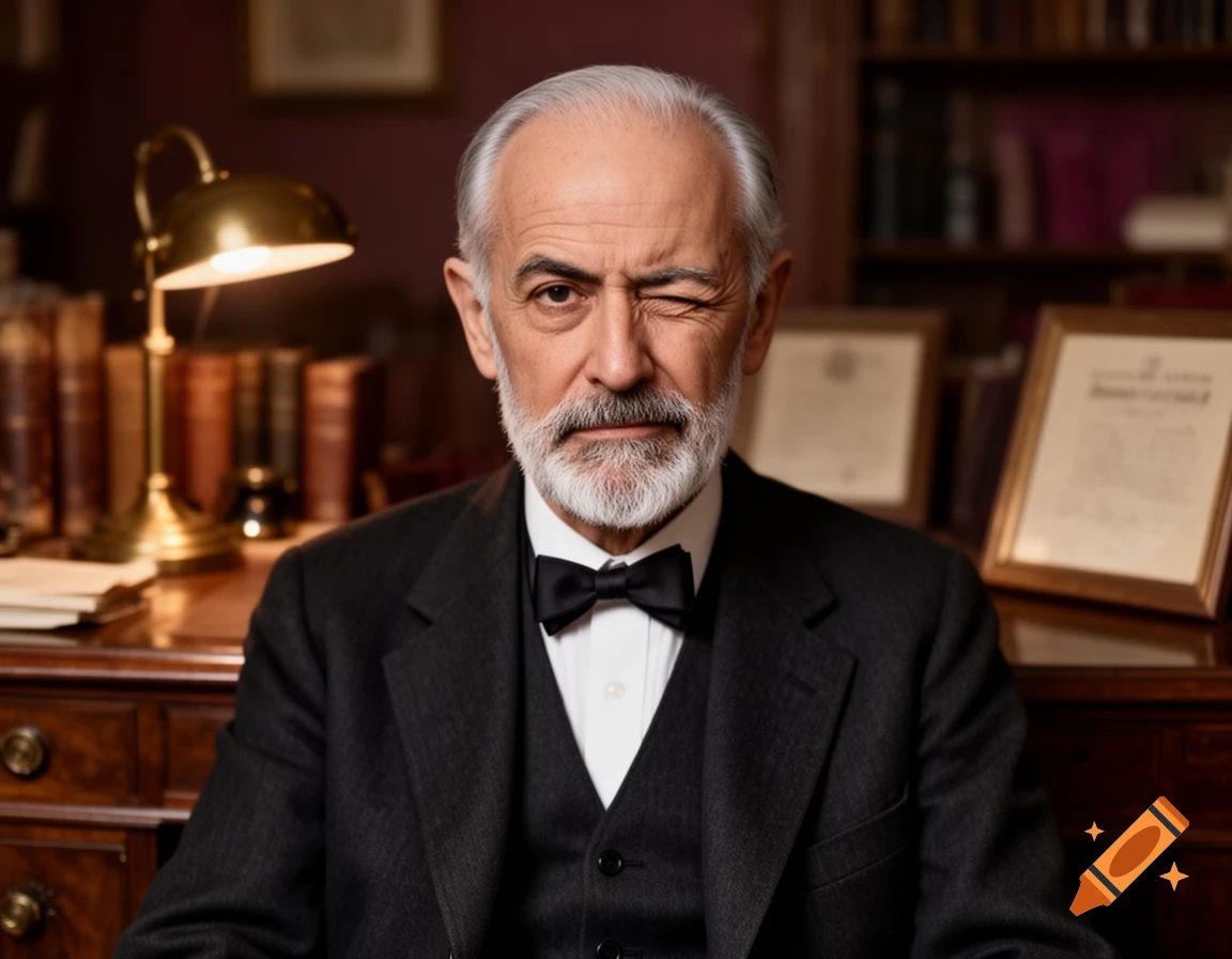 Photorealistic portrait of Sigmund Freud wearing a suit and bow tie, winking at the camera in a study.