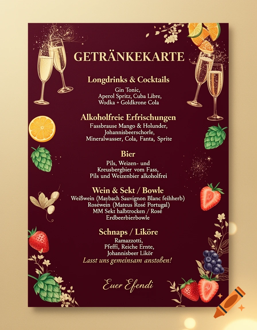 Decorative beverage menu in German with gold text on dark red background, surrounded by illustrations of fruits and glasses.