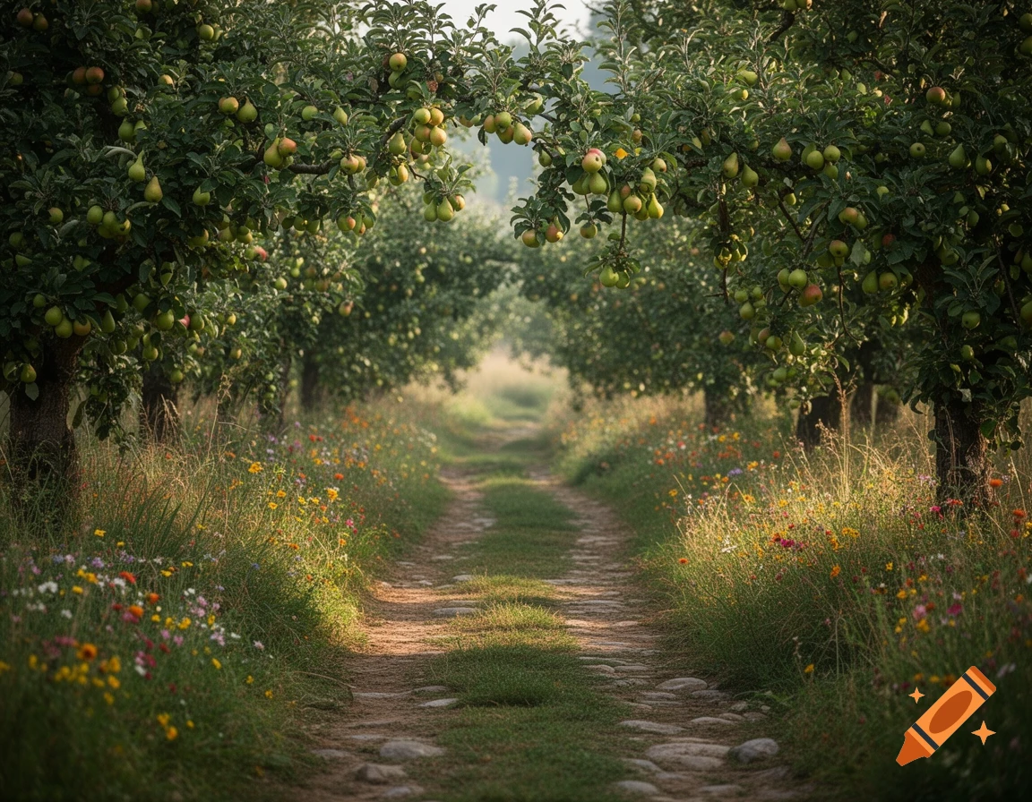 Photorealistic narrow dirt path through an apple orchard with blooming wildflowers on the sides.