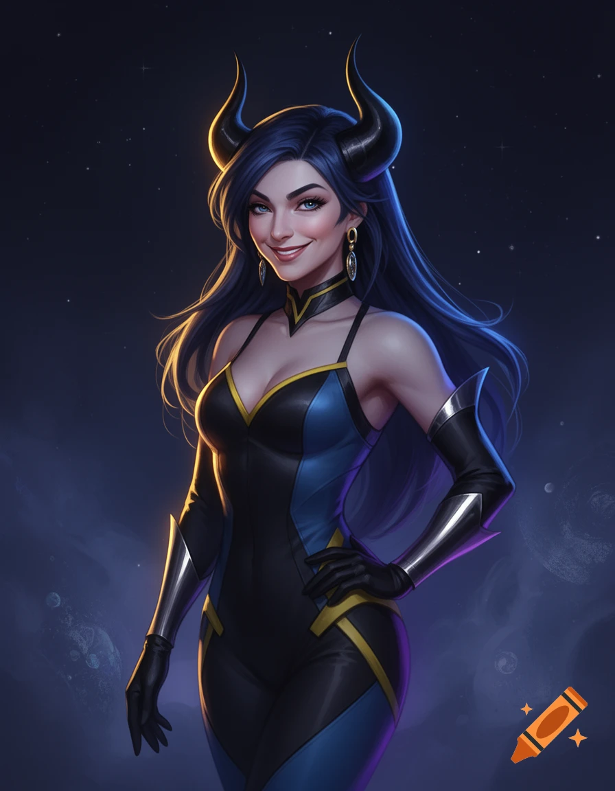 Digital art of a smiling woman with blue hair, black and blue suit, and horns, standing against a dark cosmic background.
