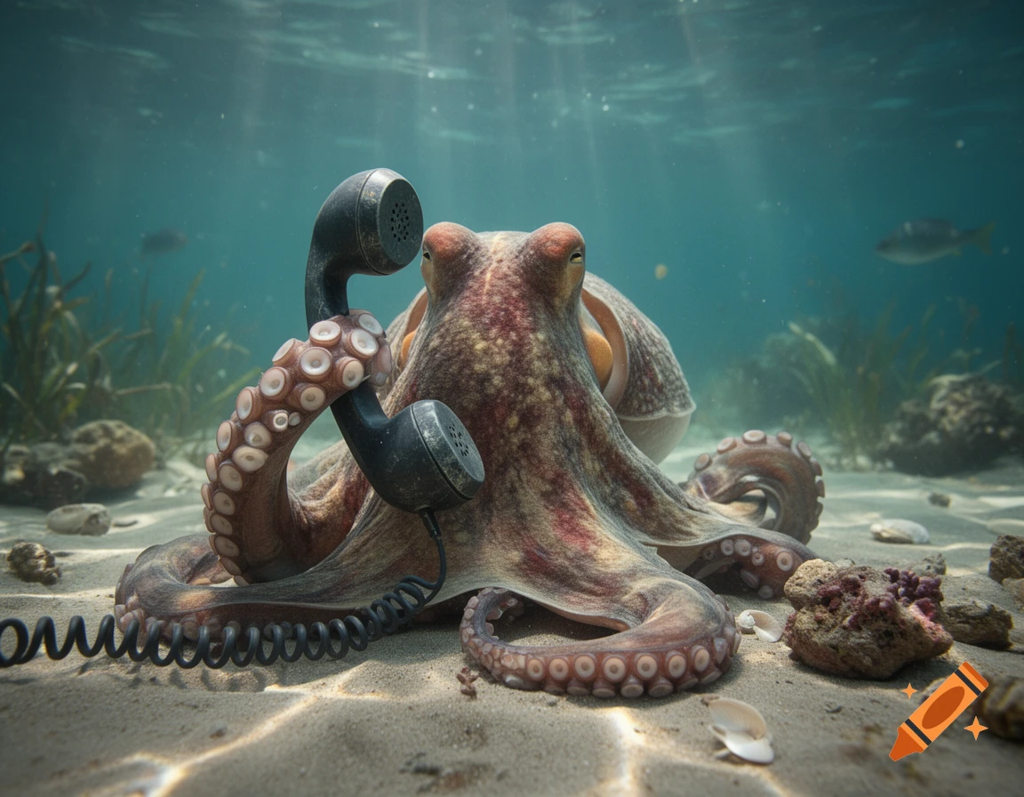A photorealistic octopus sitting on the sandy ocean floor, holding an old-fashioned telephone to its head.