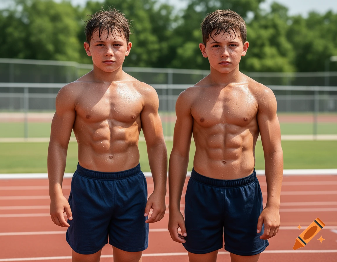 Photorealistic image of two muscular young boys standing on a running track wearing blue shorts.