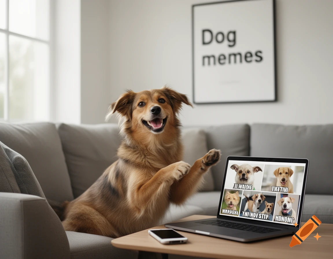 Photorealistic brown dog sitting on a gray couch in front of a laptop displaying dog memes, with a framed sign on the wall.