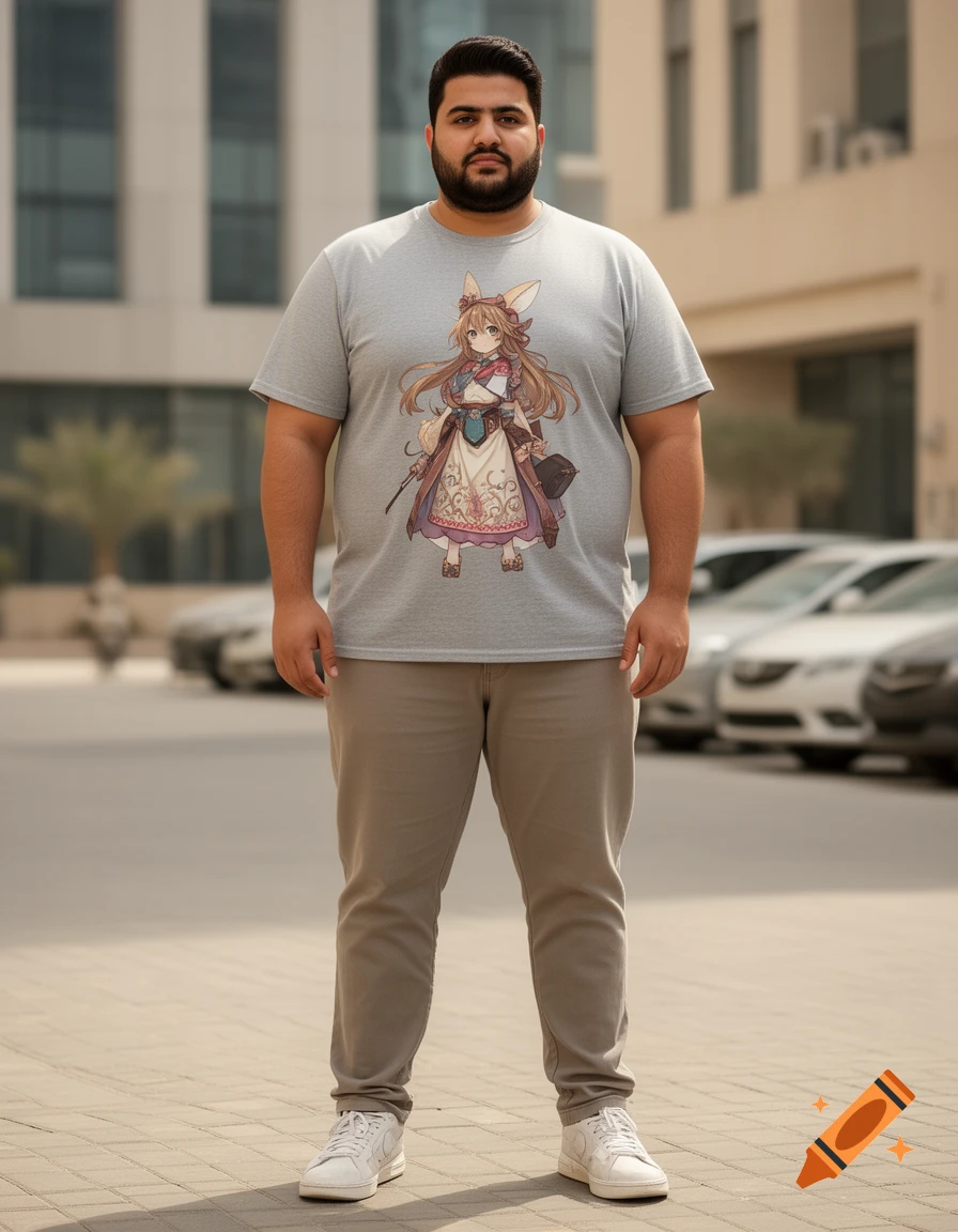 A full-length photorealistic portrait of a Saudi Arabian man wearing a gray t-shirt with an anime character graphic, standing outdoors.