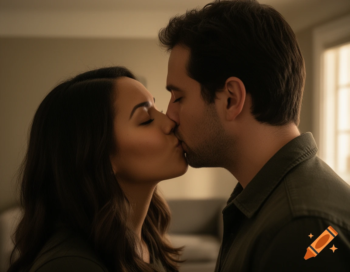 Photorealistic close-up of a man and a woman kissing indoors with warm lighting.