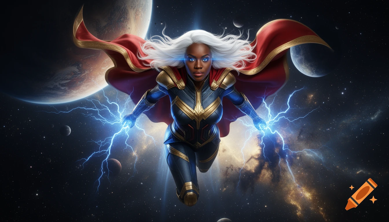 Photorealistic image of a Black superheroine with white hair and a red cape flying through space with blue lightning.
