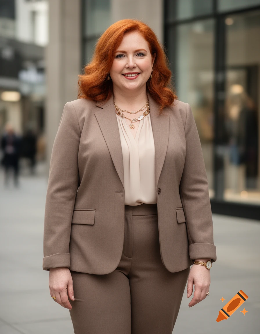 Photorealistic portrait of a smiling woman with red hair wearing a taupe business suit and necklace, standing outdoors.