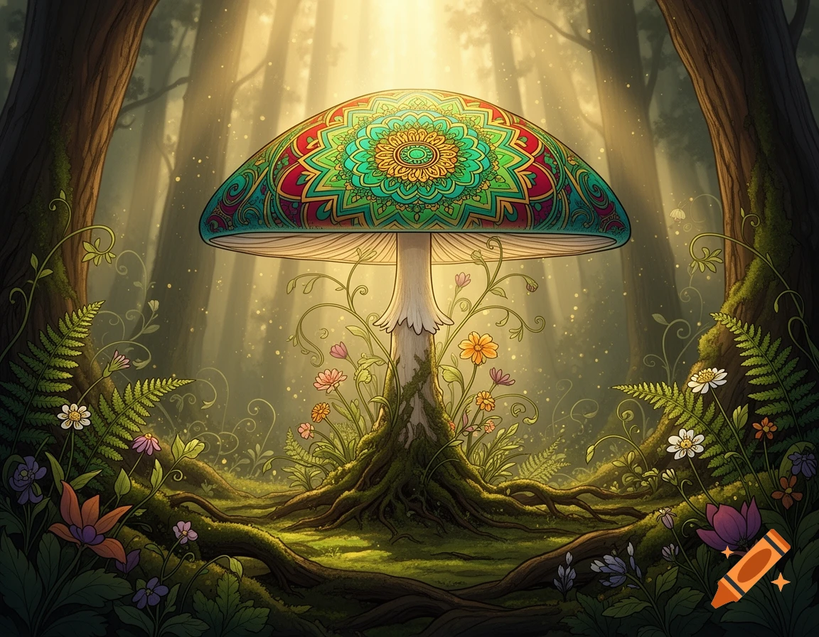 An enchanted forest with a large glowing mushroom featuring a colorful mandala pattern on its cap, surrounded by roots and flowers.