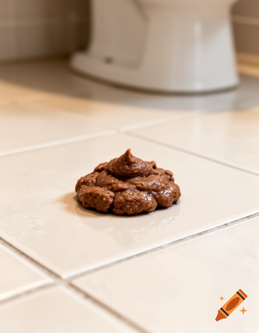 Photorealistic image of a pile of feces on tiled bathroom floor near a toilet.