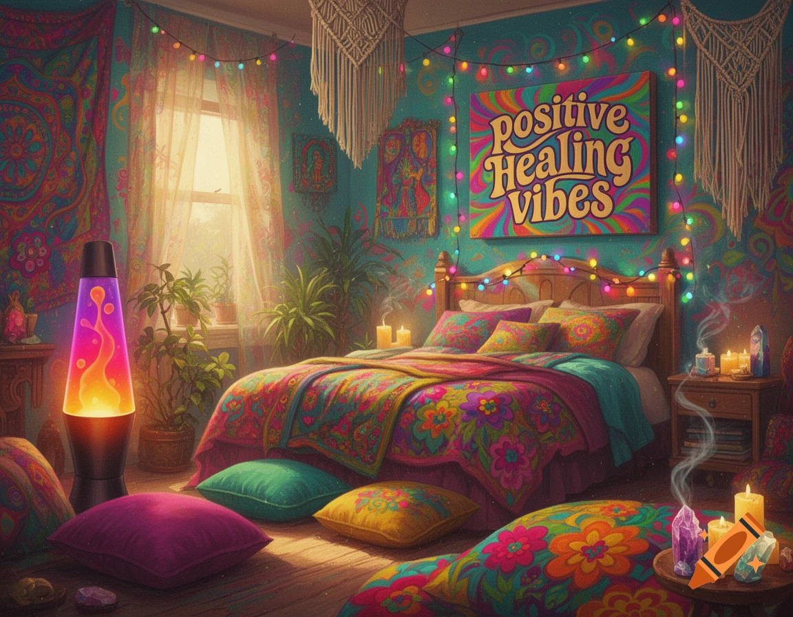 Cozy hippie bedroom filled with colourful decorations, a lava lamp, fairy lights, and a sign reading positive healing vibes.