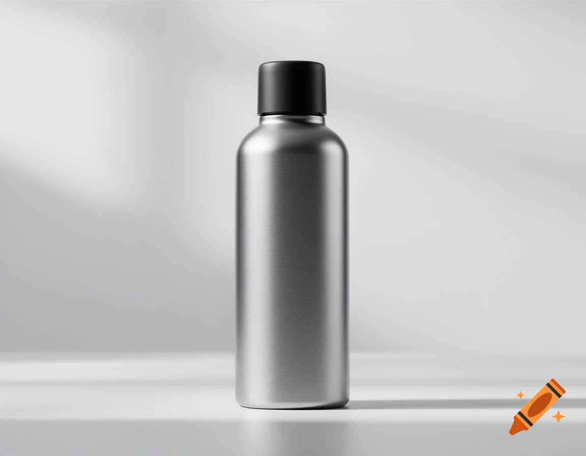 Photorealistic product shot of a minimalist matte silver metal bottle with a black cap against a plain white background.