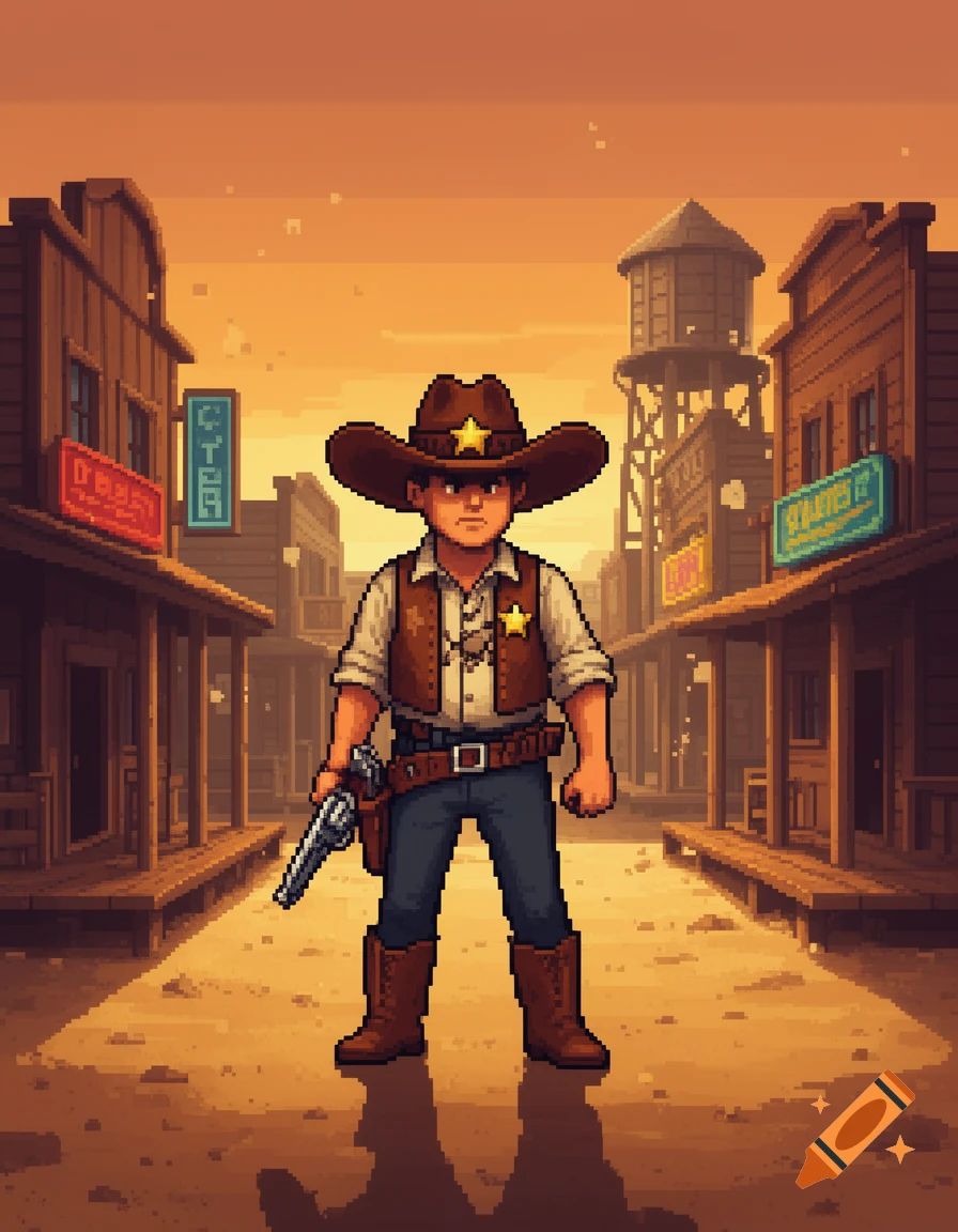 Pixel art of a cowboy sheriff standing in the middle of a Western town street at sunset.