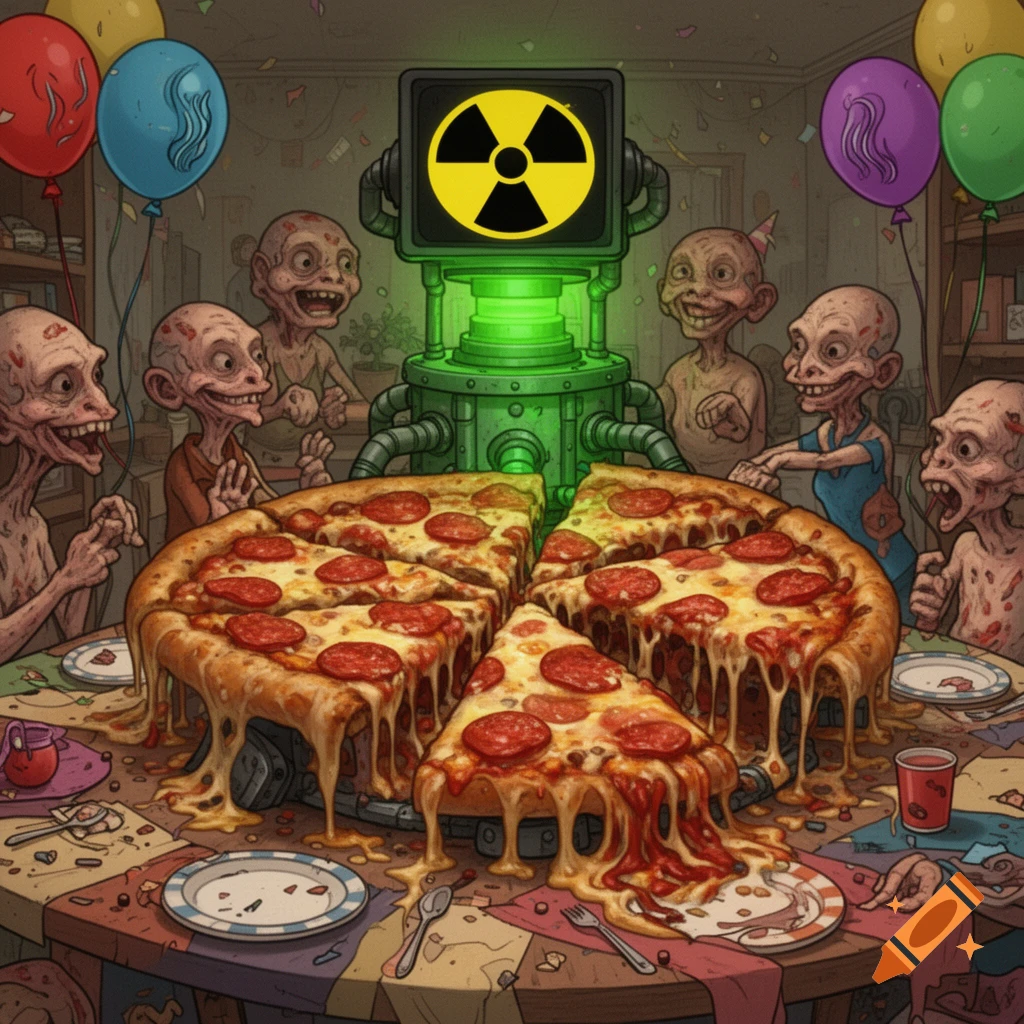 Surreal AI-generated scene of stylized humanoid figures and a radioactive symbol surrounding a giant pepperoni pizza party.