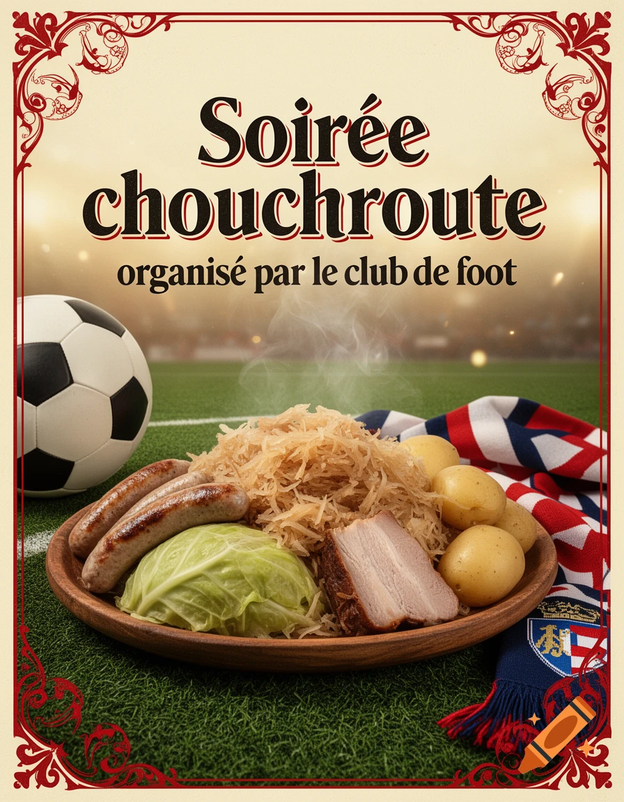 Photorealistic promotional flyer for a sauerkraut dinner featuring a wooden plate with sausages, sauerkraut, pork belly, and potatoes, alongside a soccer ball and scarf.