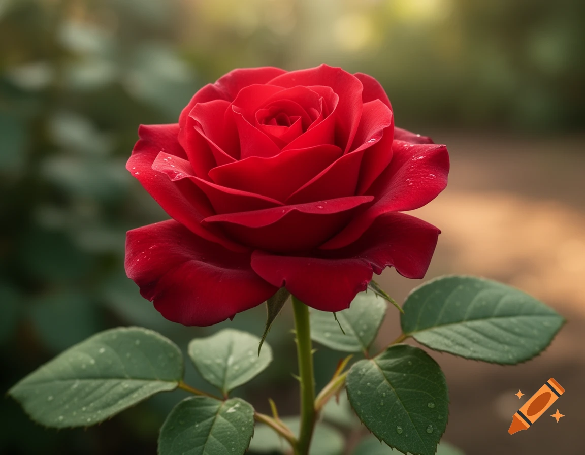 Close-up photorealistic shot of a vibrant red rose with dew drops on its petals and green leaves, against a softly blurred natural background.