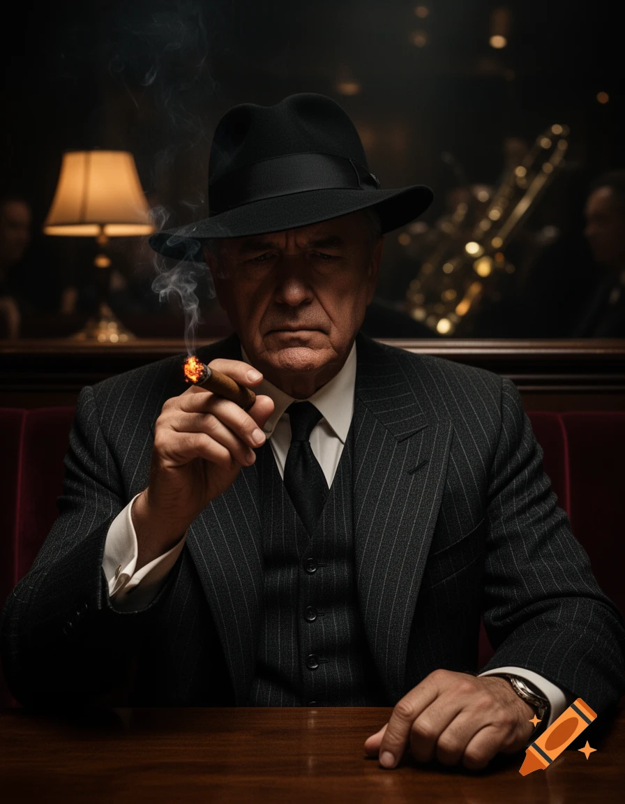 Cinematic photorealistic portrait of a classic 1930s mob boss in a dark pinstripe suit, fedora, and smoking a cigar in a dim jazz club.