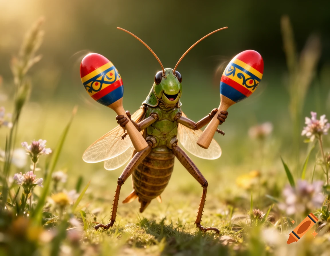 A photorealistic green grasshopper standing in a grassy field, holding and playing colorful maracas.