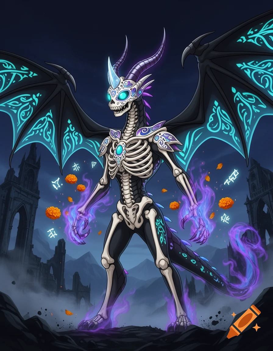 Digital illustration of a skeletal dragon creature with horns, wings, and glowing purple magic against a dark ruined landscape.