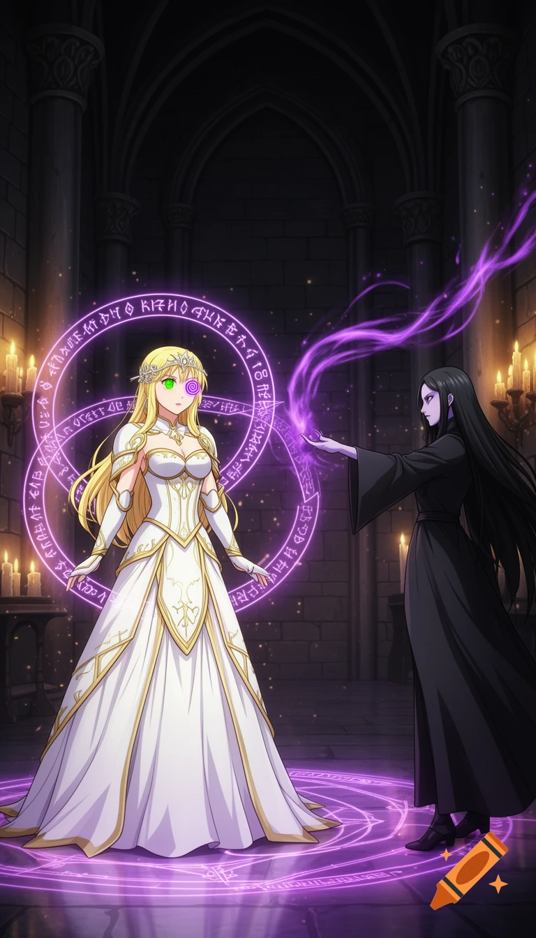 Anime style illustration of a blonde princess in a white dress being hypnotized by a dark-haired sorceress in a castle room.