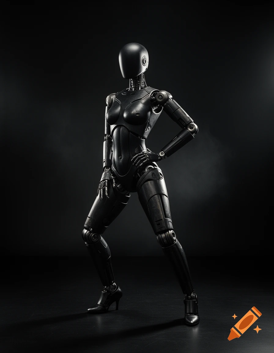 Photorealistic black faceless humanoid robot in a dramatic pose against a dark background.