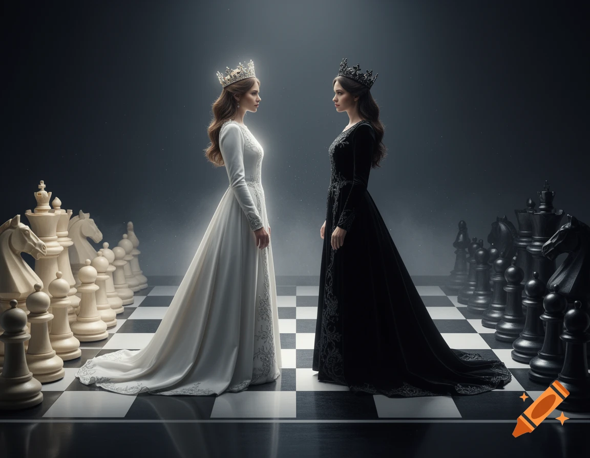 Photorealistic image of two human queens wearing crowns and long dresses, facing each other on a giant chessboard.