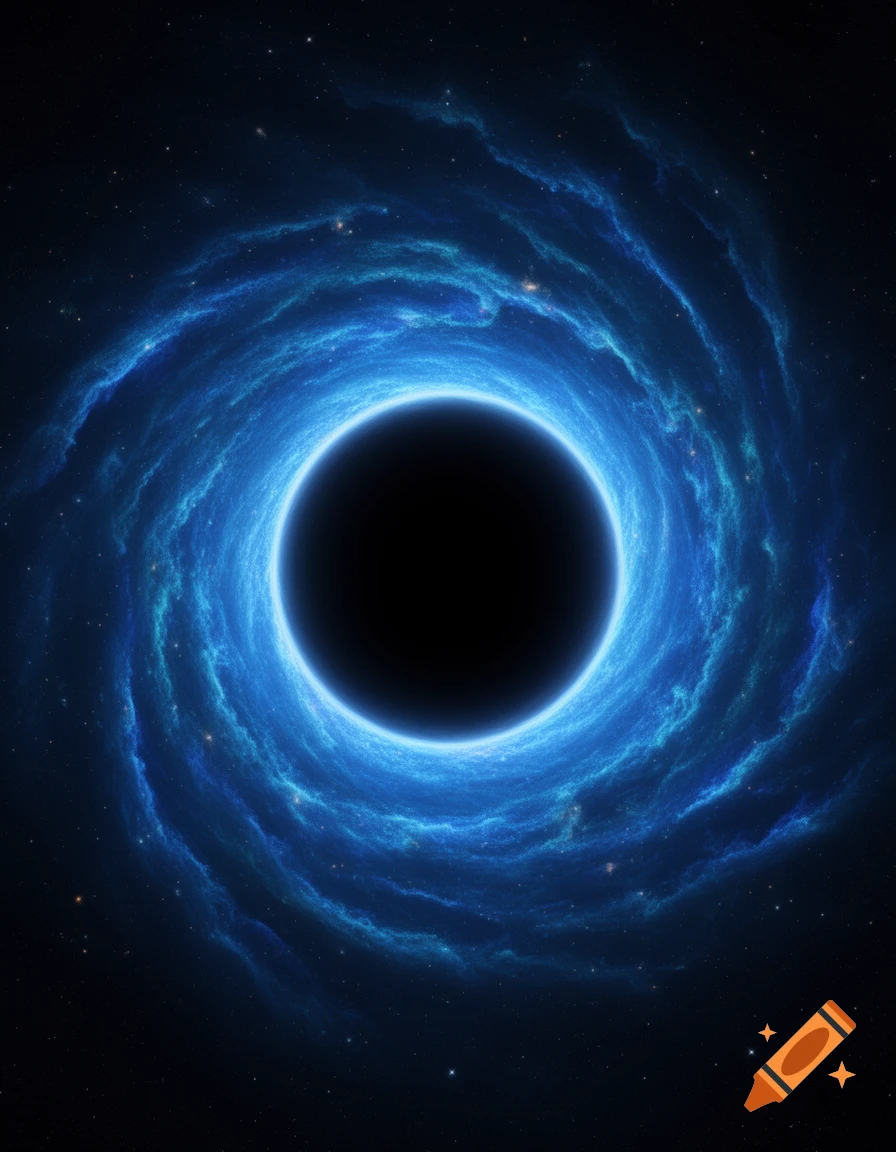 A photorealistic depiction of a black hole surrounded by a swirling blue nebula and distant stars.