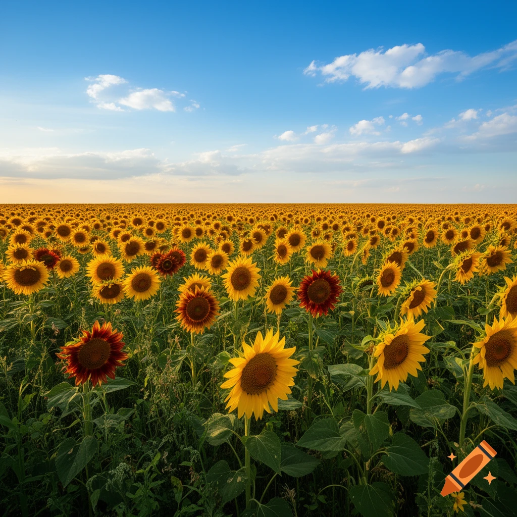 Photorealistic view of a vast blooming sunflower field extending to the horizon under a bright blue sky with scattered clouds.