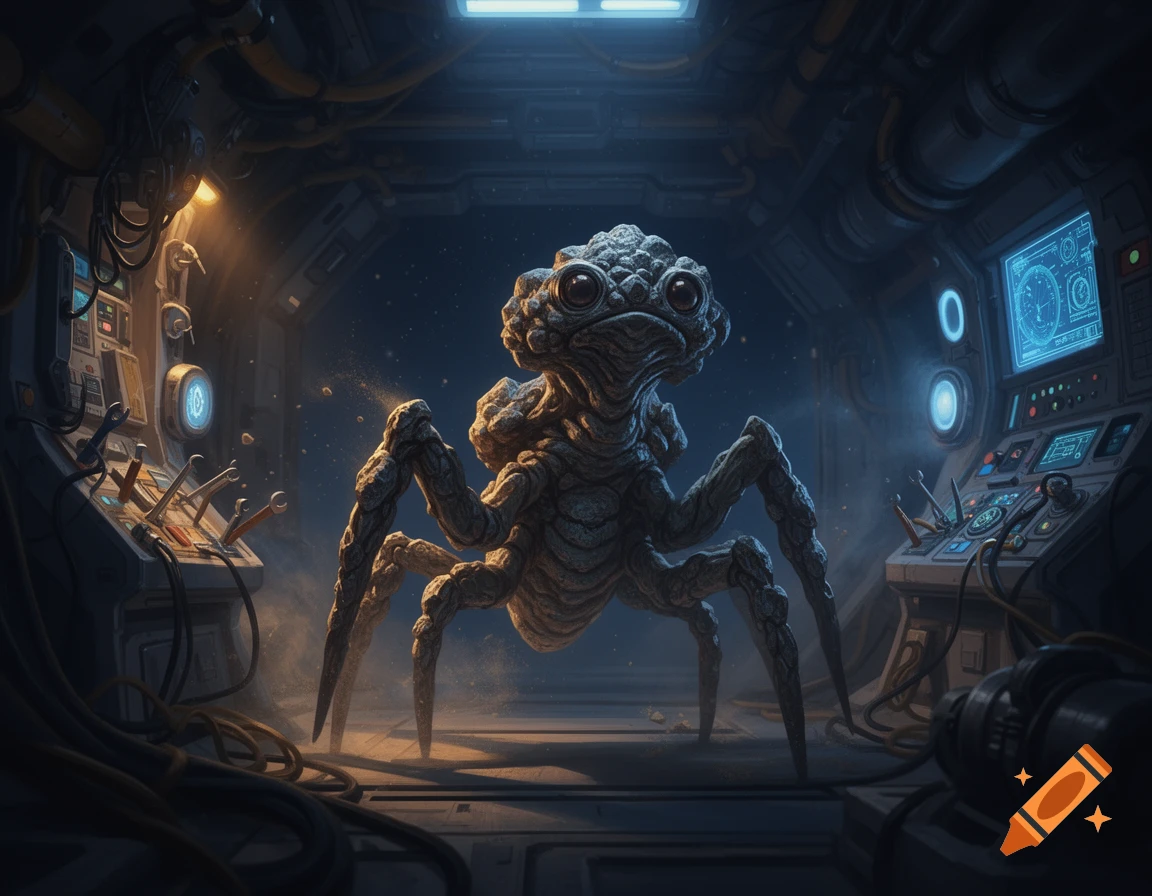 A rocky, multi-legged alien stands inside a futuristic spaceship control room illuminated by blue and orange lights.