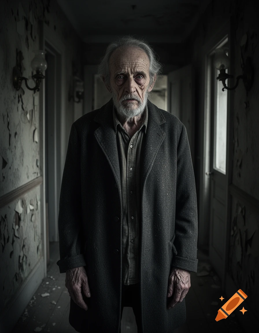 Photorealistic portrait of a creepy old man with a grey beard and dark coat standing in a dilapidated hallway.