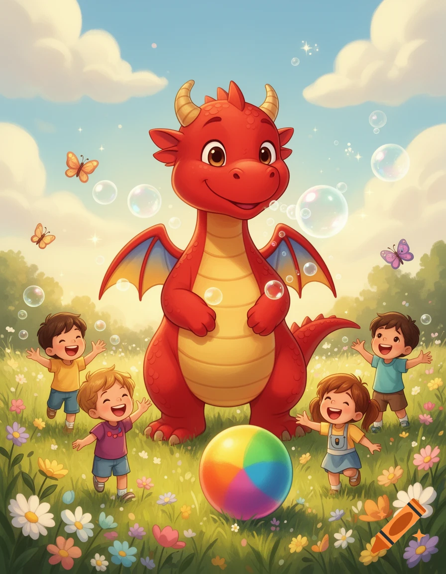 Friendly red dragon playing with children and bubbles in a sunny flower field, digital illustration