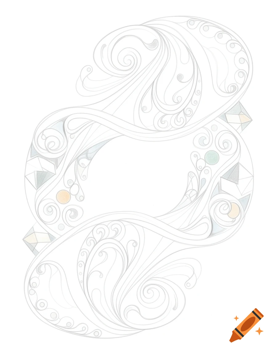 Delicate zentangle line art template with abstract swirls, curves, and small gem accents on a white background.