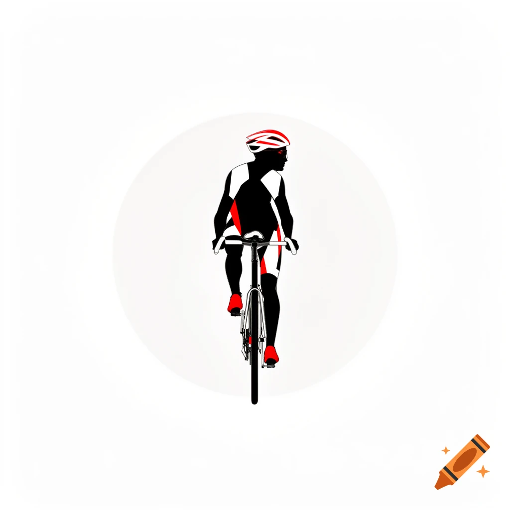 Pictogram of an artistic cyclist riding a bicycle in a standing position, black and white with red accents on a white background.