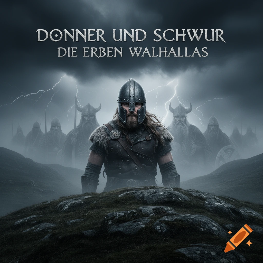 Viking warrior in iron helmet standing on a misty hill with ancestor spirits behind him under a stormy sky, photorealistic album cover.