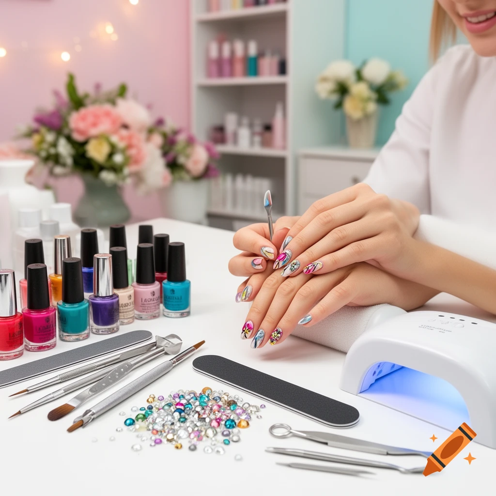Close-up of a manicurist applying nail art to a client's hands at a bright, colorful nail salon with polish bottles and tools on the table.
